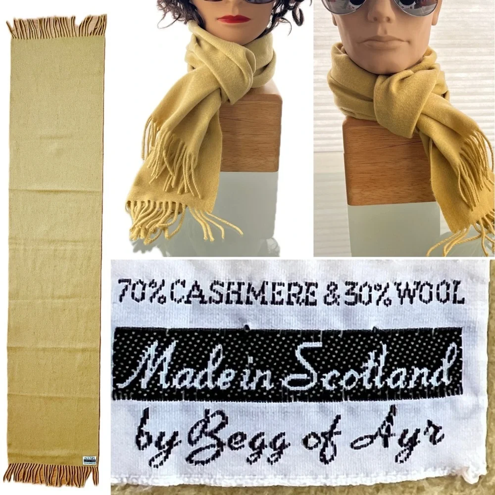 🐑Soft Cashmere Wool Blend Dry Yellow Fringe Vintage Begg of Ayr Scotland Scarf
